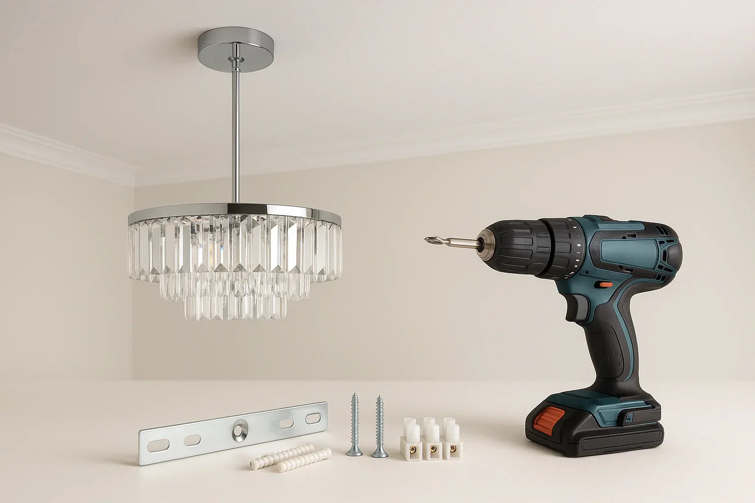 Installation d’un lustre au plafond sans crochet avec perceuse, barrette de fixation, vis et chevilles pour un montage sécurisé Bild