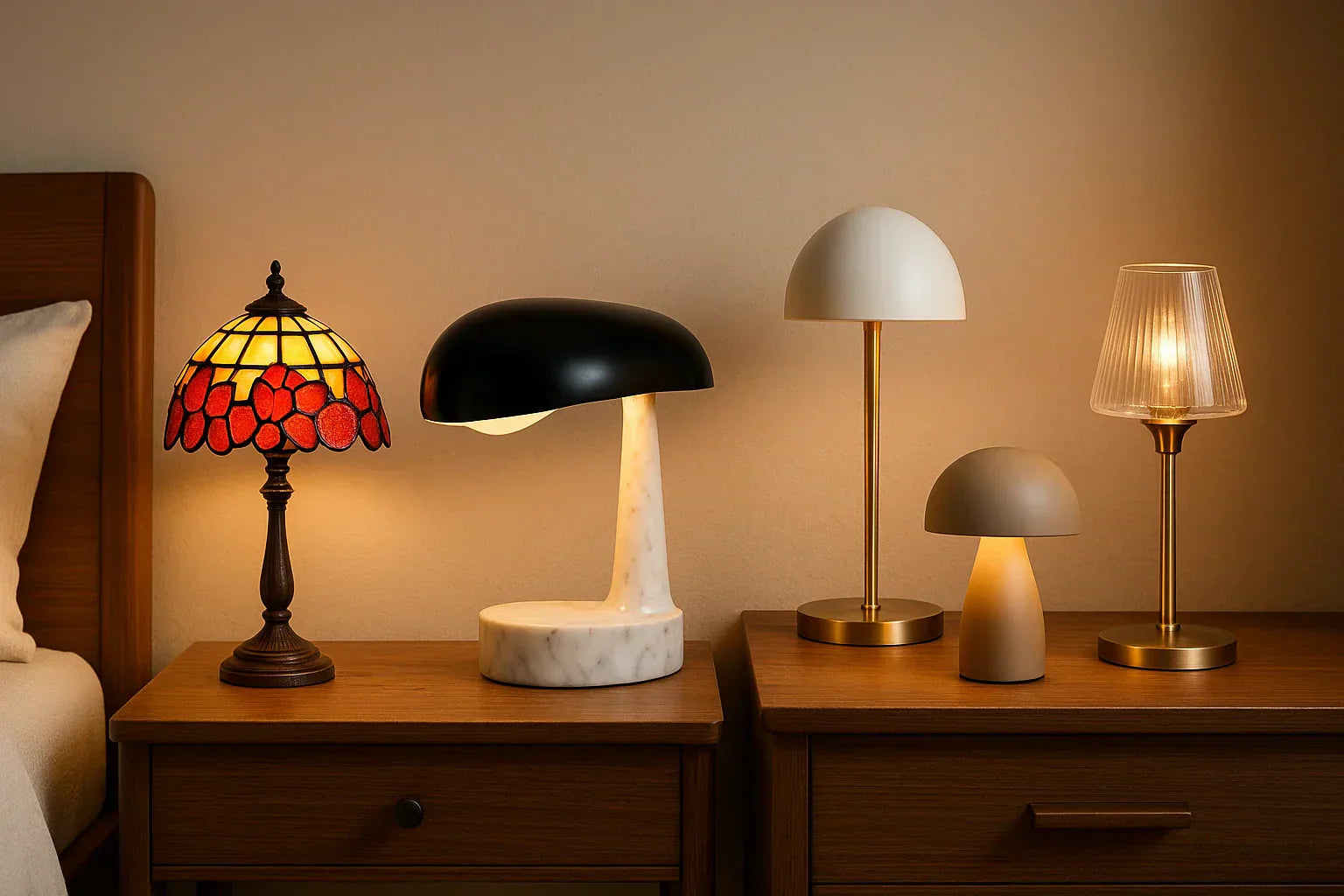 Comparatif de lampes de chevet design : lampe Snoopy en marbre, lampe Tiffany rouge vitrail, lampe Bauhaus minimaliste, lampe champignon sans fil et lampe de table design italien, créant une ambiance cosy et élégante Bild