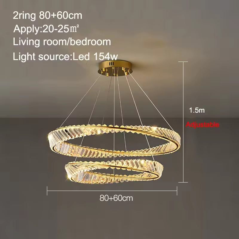 2 ANNEAUX DIAMÈTRE 60 80 cm / LUMIÈRE CHAUDE 3000k Lustre cristal anneaux dorés