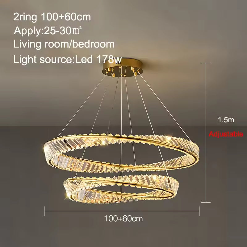 2 ANNEAUX DIAMÈTRE60 100 cm / LUMIÈRE CHAUDE 3000k Lustre cristal anneaux dorés