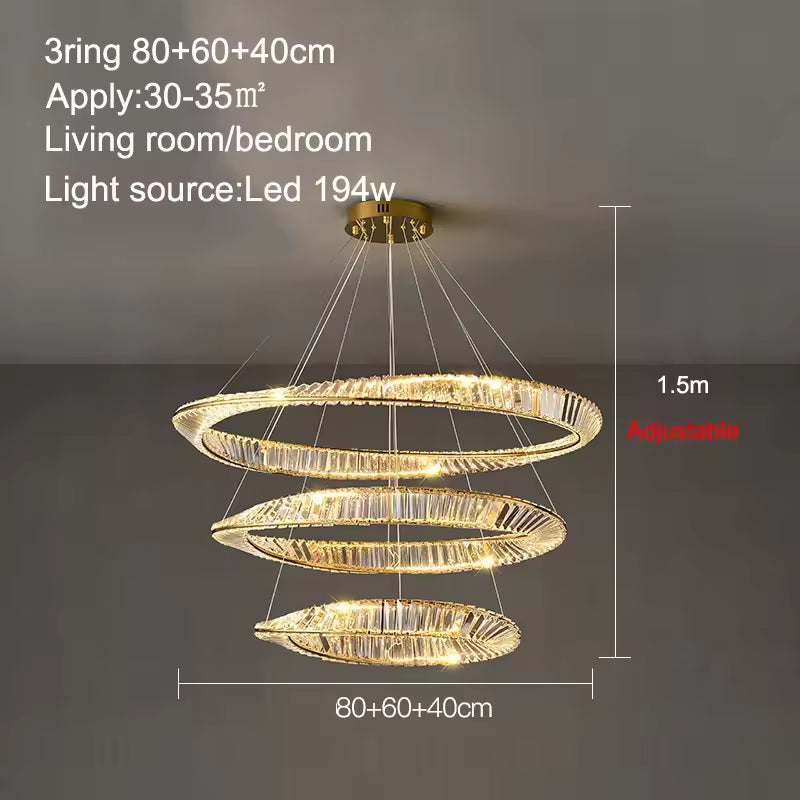 3 ANNEAUX DIAMÈTRE  80 cm / LUMIÈRE CHAUDE 3000k Lustre cristal anneaux dorés