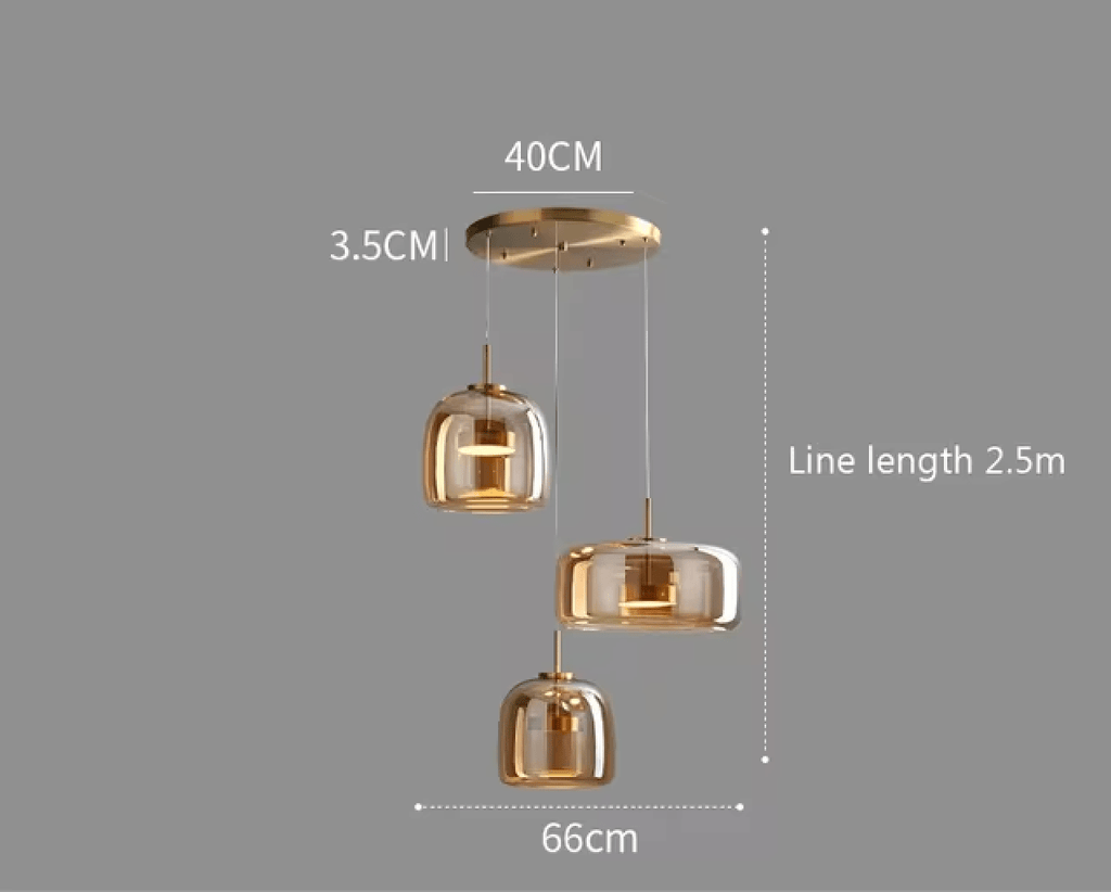 3 TÊTES BASE RONDE / AMBRÉ / LUMIÈRE BLANCHE Lustres design en verre