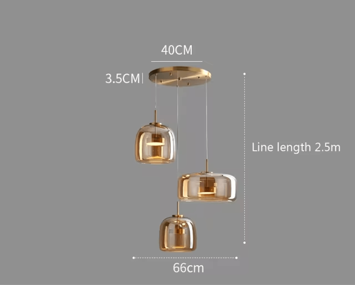3 TÊTES BASE RONDE / AMBRÉ / LUMIÈRE BLANCHE Lustres design en verre