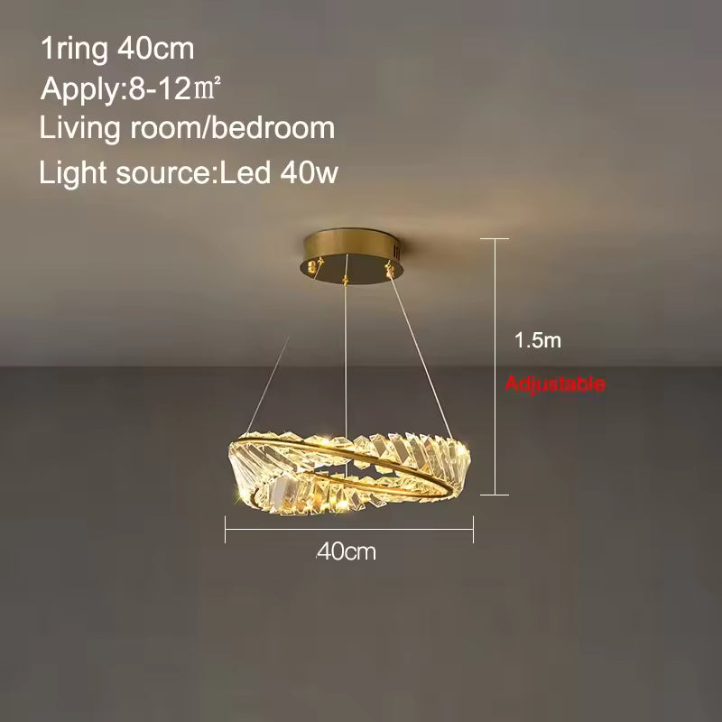1 ANNEAUX DIAMÈTRE 40 cm / LUMIÈRE CHAUDE 3000k Lustre cristal anneaux dorés
