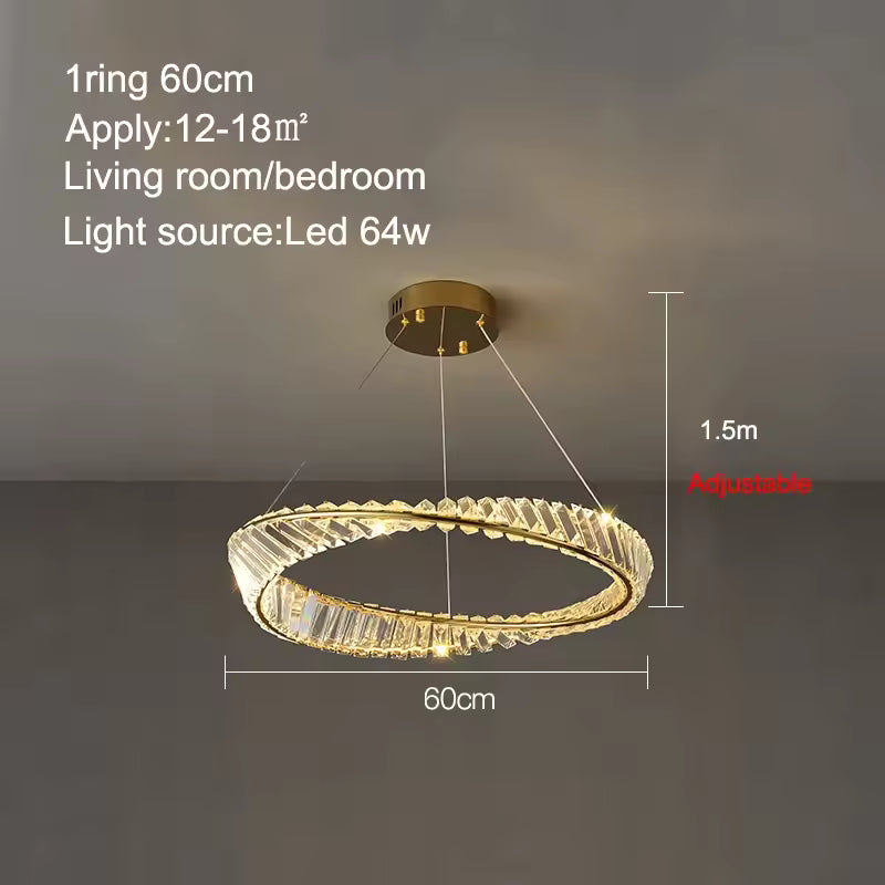 1 ANNEAUX DIAMÈTRE 60 cm / LUMIÈRE CHAUDE 3000k Lustre cristal anneaux dorés