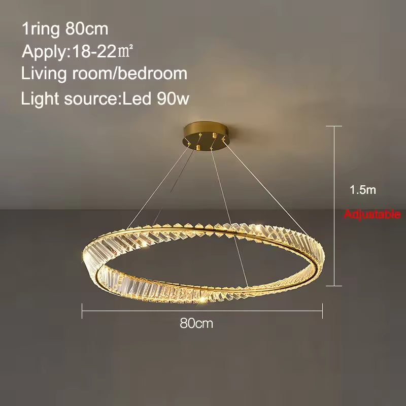 1 ANNEAUX DIAMÈTRE 80 cm / LUMIÈRE CHAUDE 3000k Lustre cristal anneaux dorés