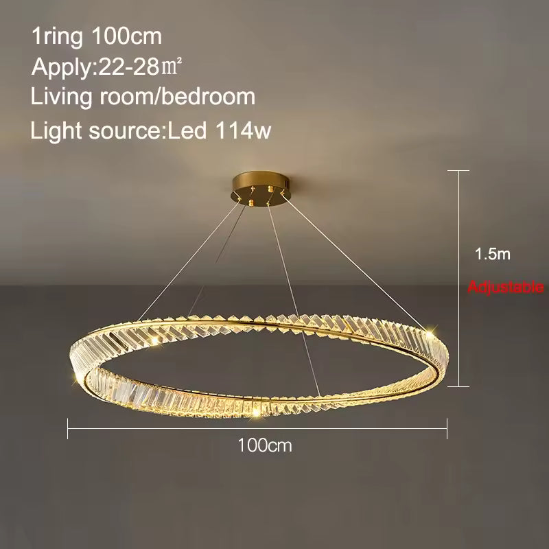 1 ANNEAUX DIAMÈTRE 100 cm / LUMIÈRE CHAUDE 3000k Lustre cristal anneaux dorés