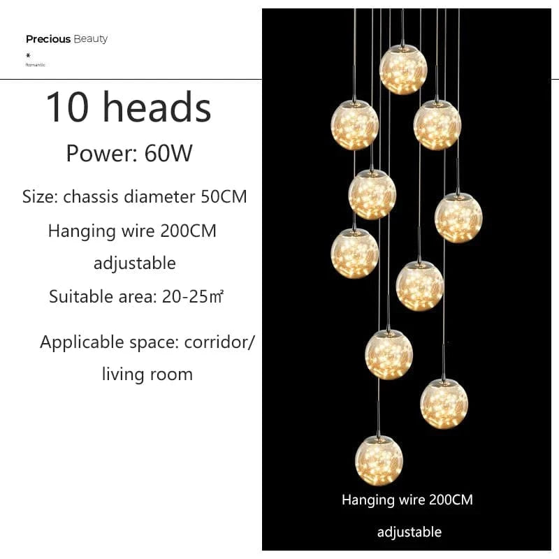 10 TÊTES / OR / TRANSPARENT Grand lustre pour plafond haut