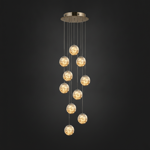 10 TÊTES, Puissance 60 W, Base Ø 50 cm, Câble réglable max 200 cm, Surface 20-25 m² / OR / TRANSPARENT Grand lustre pour plafond haut