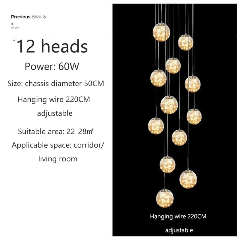 12 TÊTES / OR / TRANSPARENT Grand lustre pour plafond haut