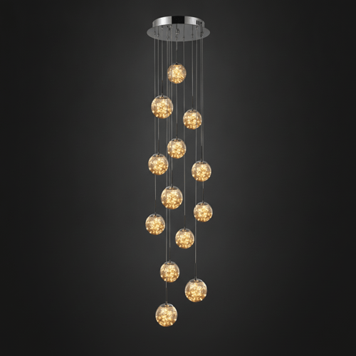 12 TÊTES, Puissance 60 W, Base Ø 50 cm, Câble réglable max 220 cm, Surface 22-28 m² / OR / TRANSPARENT Grand lustre pour plafond haut