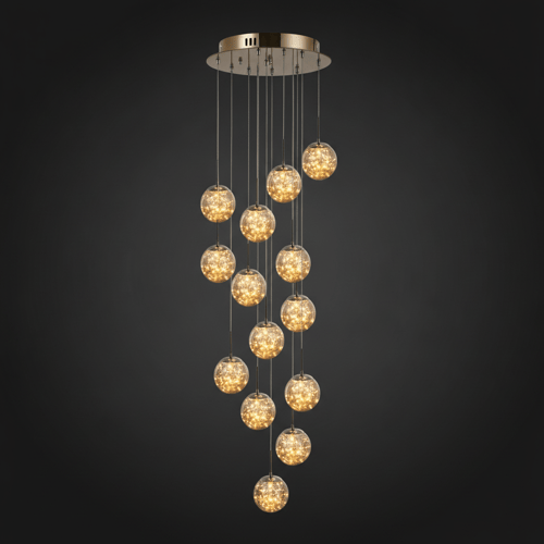 15 TÊTES, Puissance 90 W, Base Ø 60 cm, Câble réglable max 250 cm, Surface 25-30 m² / OR / TRANSPARENT Grand lustre pour plafond haut