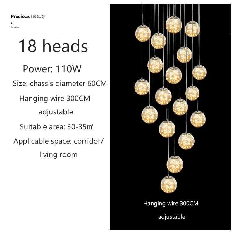 18 TÊTES / OR / TRANSPARENT Grand lustre pour plafond haut