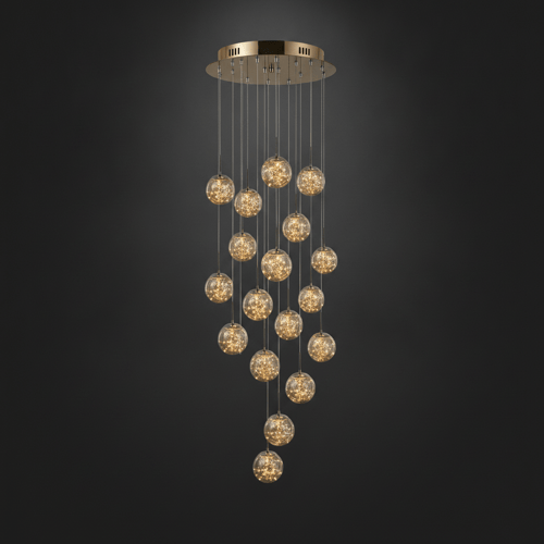 18 TÊTES, Puissance 110 W, Base Ø 60 cm, Câble réglable max 300 cm, Surface 30-35 m² / OR / TRANSPARENT Grand lustre pour plafond haut