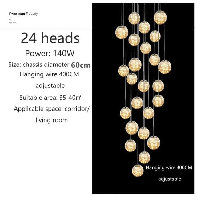 24 TÊTES / OR / TRANSPARENT Grand lustre pour plafond haut