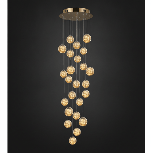 24 TÊTES, Puissance 140 W, Base Ø 60 cm, Câble réglable max 400 cm, Surface 35-40 m² / OR / TRANSPARENT Grand lustre pour plafond haut