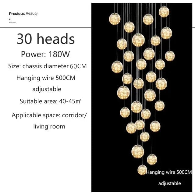 30 TÊTES / OR / TRANSPARENT Grand lustre pour plafond haut