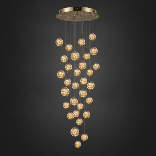 30 TÊTES, Puissance 180 W, Base Ø 60 cm, Câble réglable max 500 cm, Surface 40-45 m² / OR / TRANSPARENT Grand lustre pour plafond haut