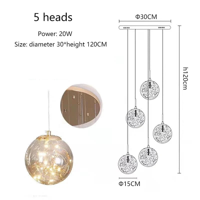 5 TÊTES / OR / TRANSPARENT Grand lustre pour plafond haut
