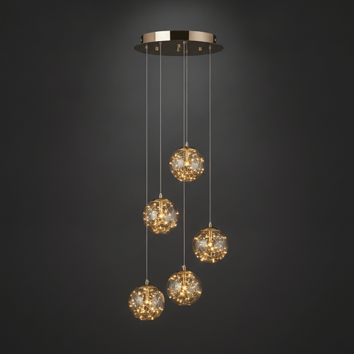 5 TÊTES, Puissance 20 W, Base Ø 30 cm, Hauteur totale 120 cm, Globe Ø 15 cm / OR / TRANSPARENT Grand lustre pour plafond haut
