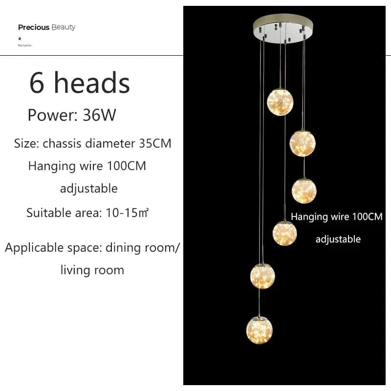 6 TÊTES / OR / TRANSPARENT Grand lustre pour plafond haut