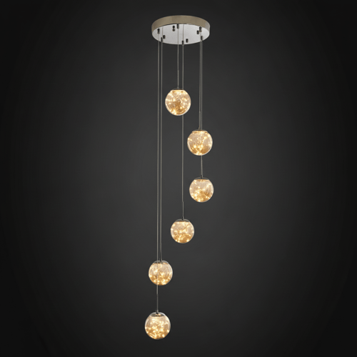 6 TÊTES, Puissance 36 W, Base Ø 35 cm, Câble réglable max 100 cm, Surface 10-15 m² / OR / TRANSPARENT Grand lustre pour plafond haut