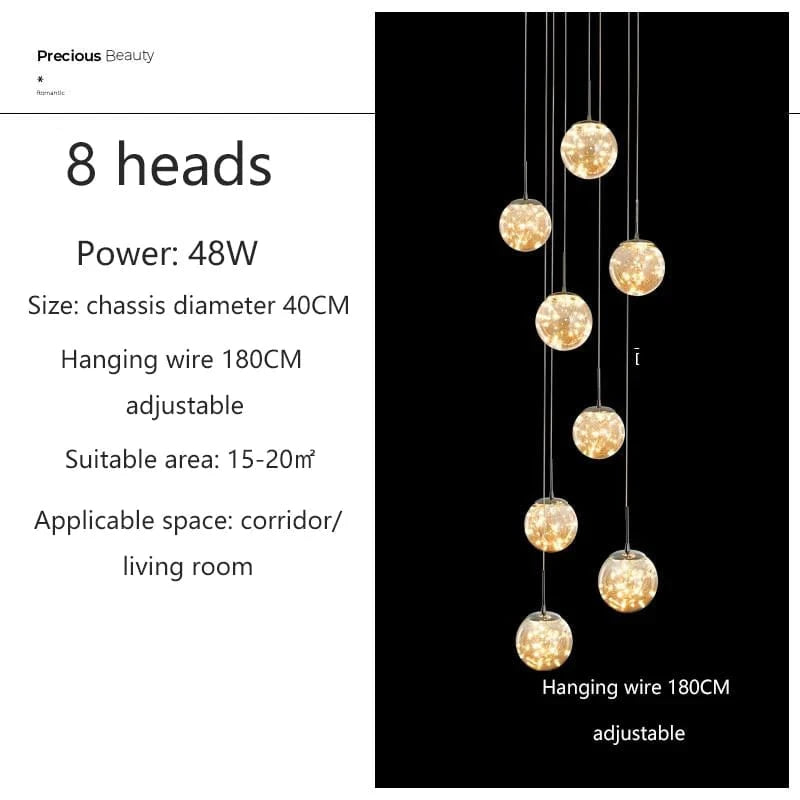 8 TÊTES / OR / TRANSPARENT Grand lustre pour plafond haut