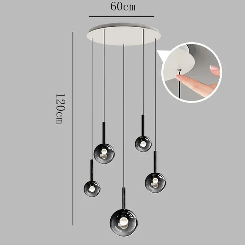 5 heads / Warm white No remote Lustre boule en verre noir plafond haut