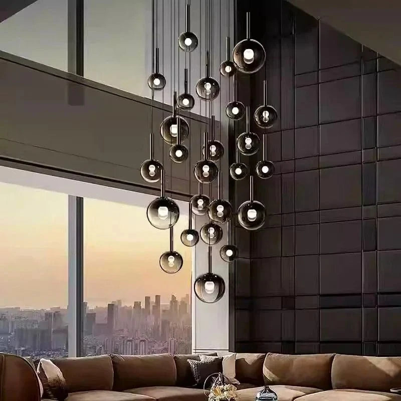 Lustre boule en verre noir plafond haut