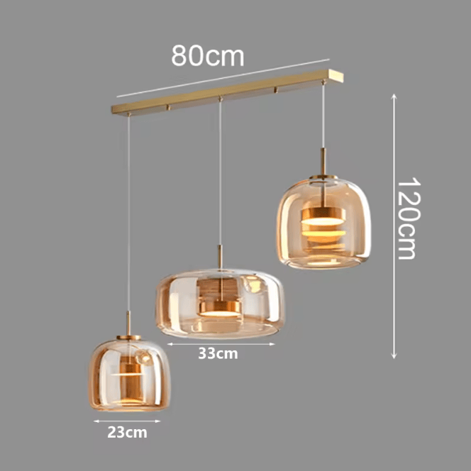 3 TÊTES BASE LIGNE 80 CM / AMBRÉ / LUMIÈRE BLANCHE Lustres design en verre