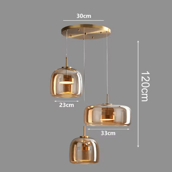 3 TÊTES BASE RONDE 30 CM / AMBRÉ / LUMIÈRE BLANCHE Lustres design en verre