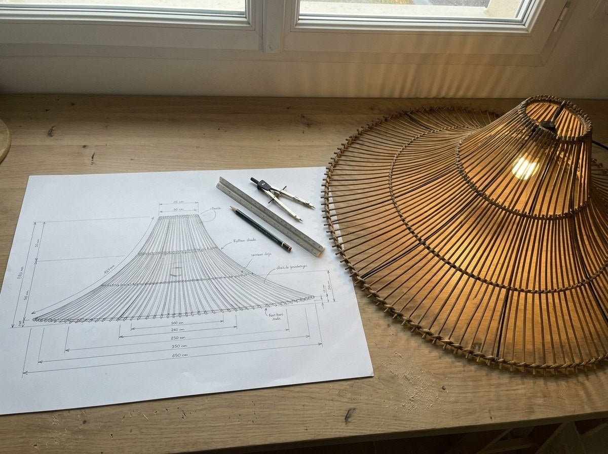 Croquis coté de la suspension en rotin à côté du prototype allumé
